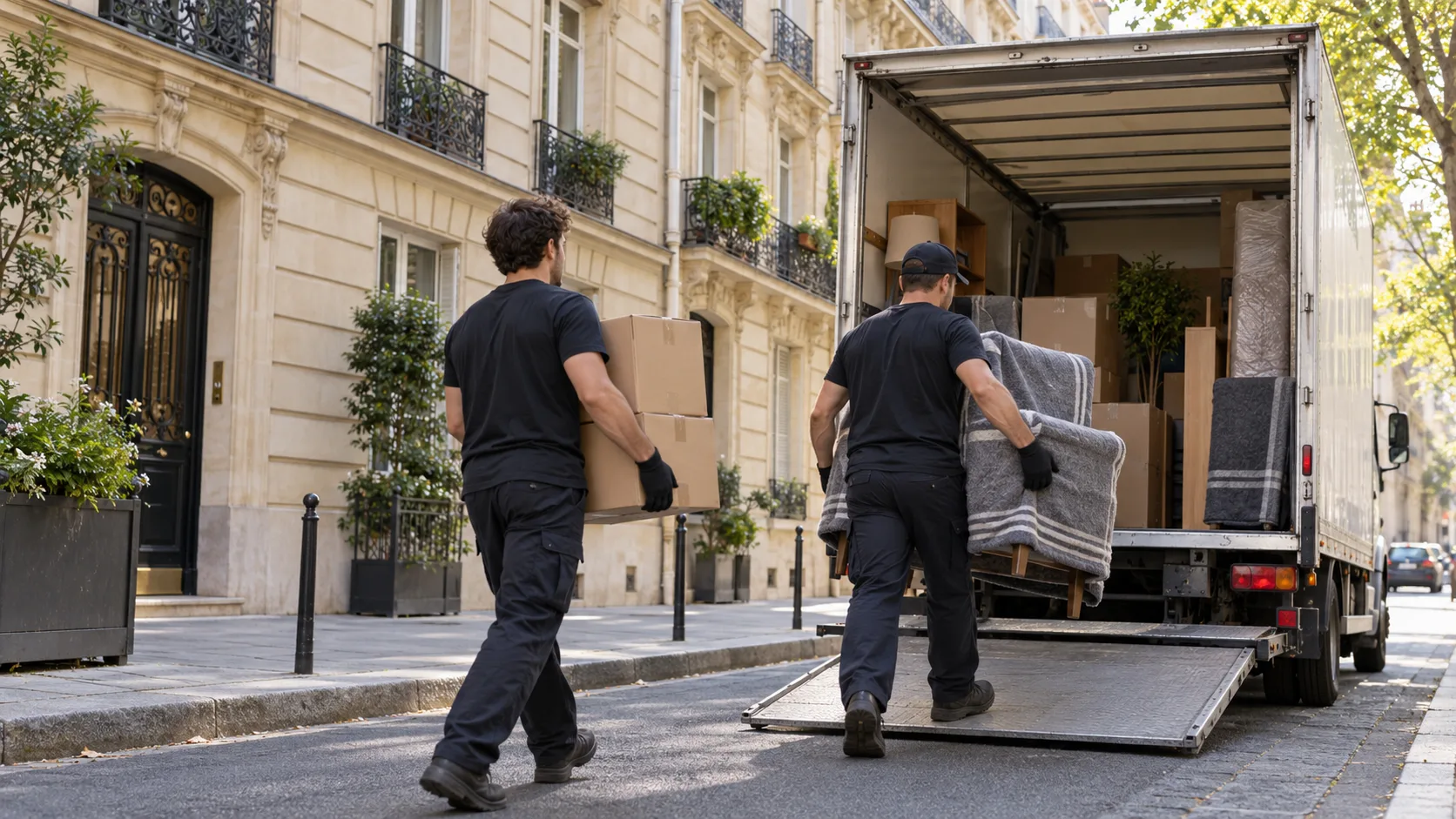 Déménageurs chargeant cartons et fauteuil dans un camion devant un immeuble en pierre de taille
