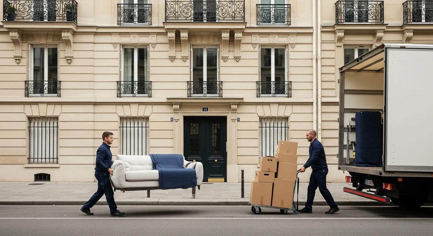 déménageurs professionnels devant un immeuble haussmannien à Paris