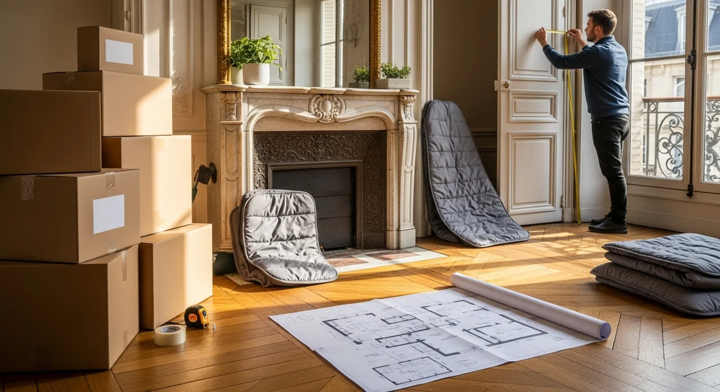 préparation logistique déménagement haussmannien avec cartons et plan