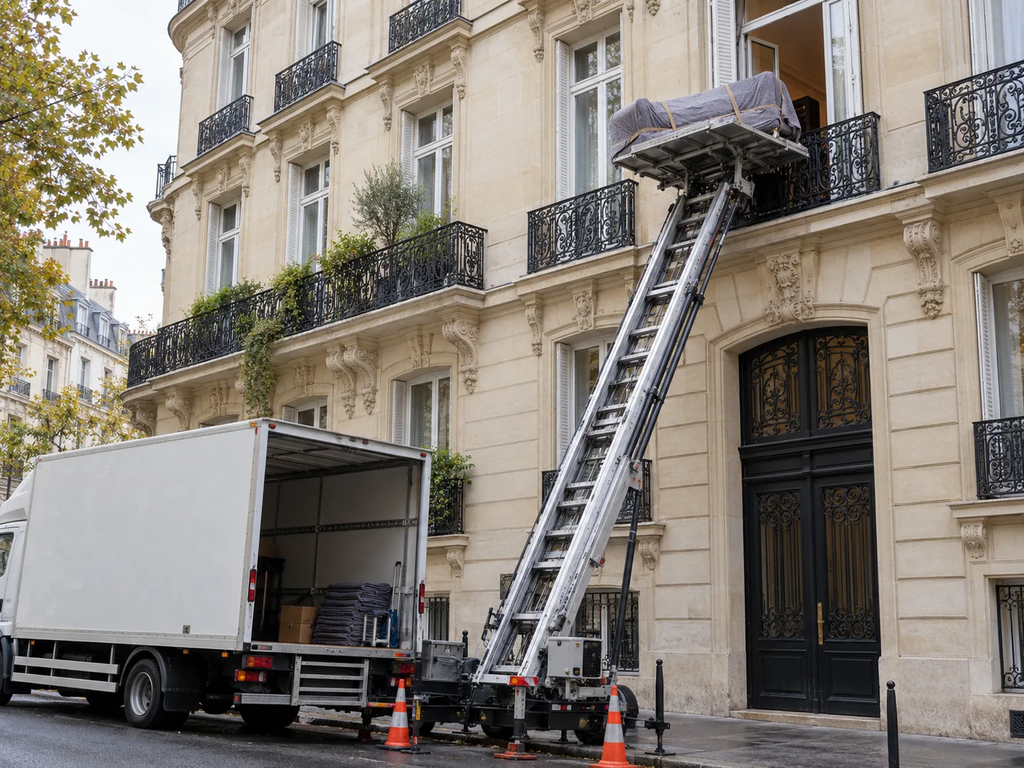 Monte-meubles installé contre la façade d'un immeuble en pierre de taille pour un déménagement